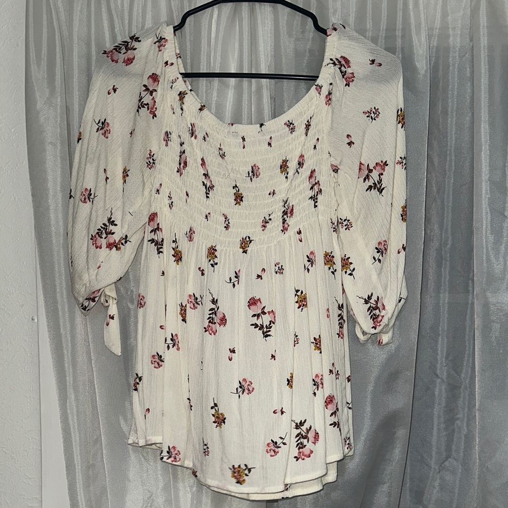 Floral Smocked White Blouse